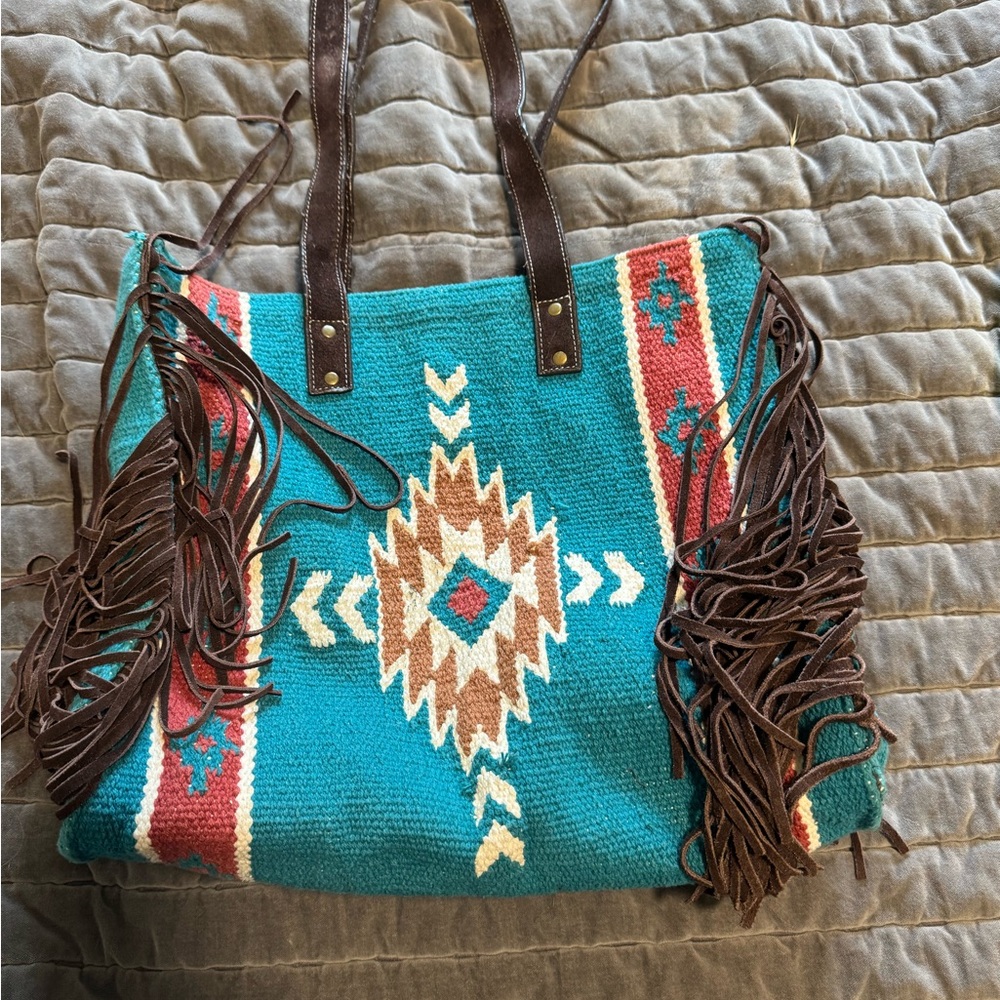 Bohemian Teal and Brown Fringe Tote Bag